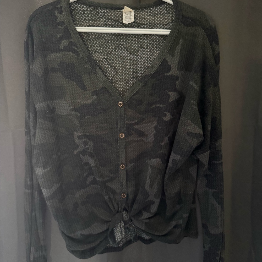 Camouflage V-Neck Button-Up Top